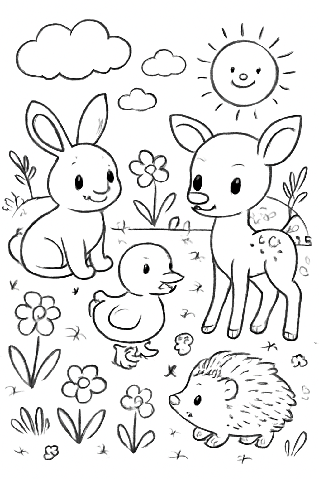 Free printable spring meadow with baby animals coloring page for kids