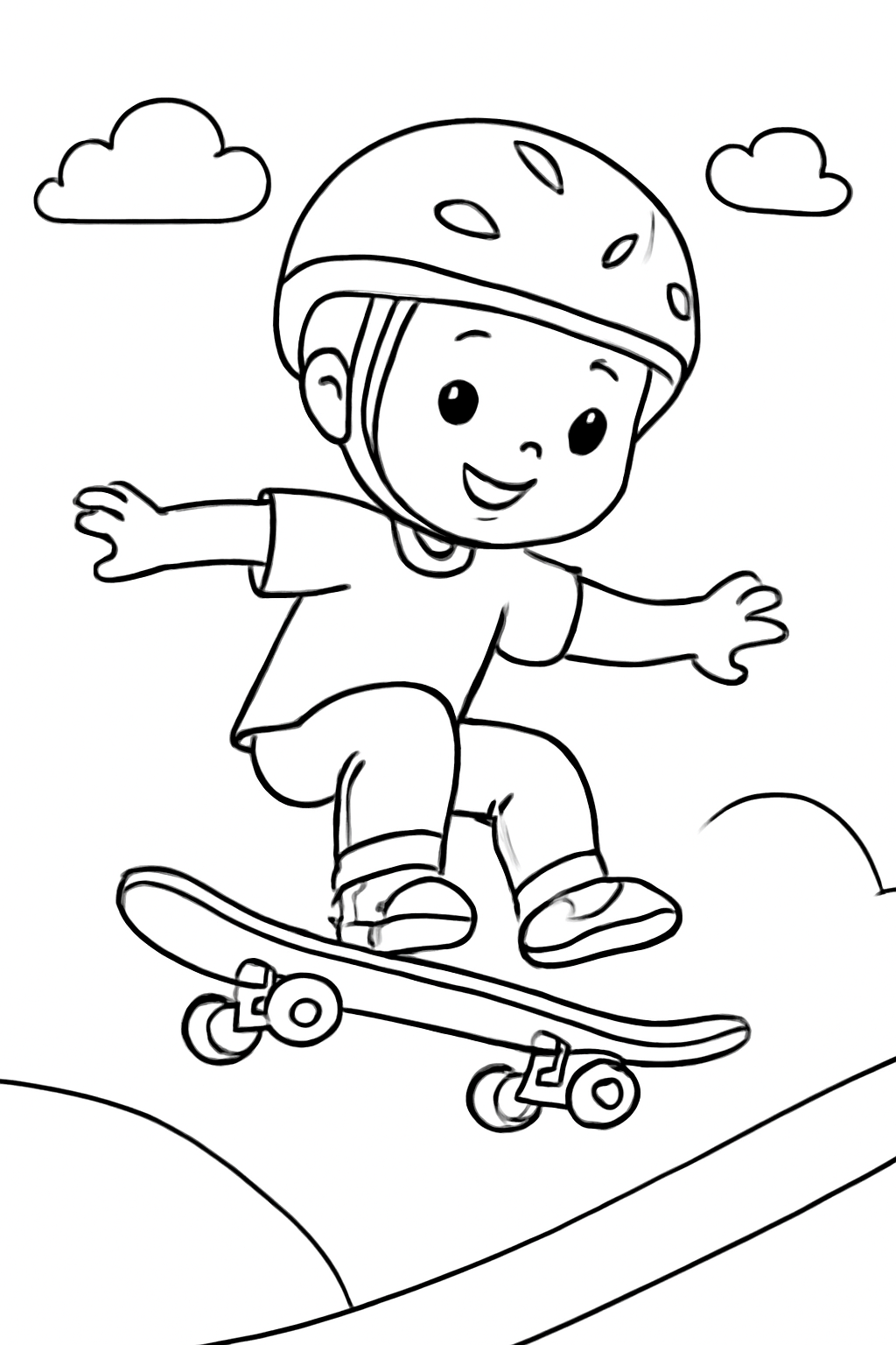 Free printable skateboarder doing a safe jump with helmet coloring page for kids