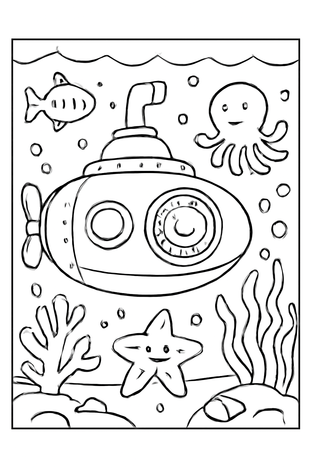 Free printable submarine exploring the ocean coloring page for kids