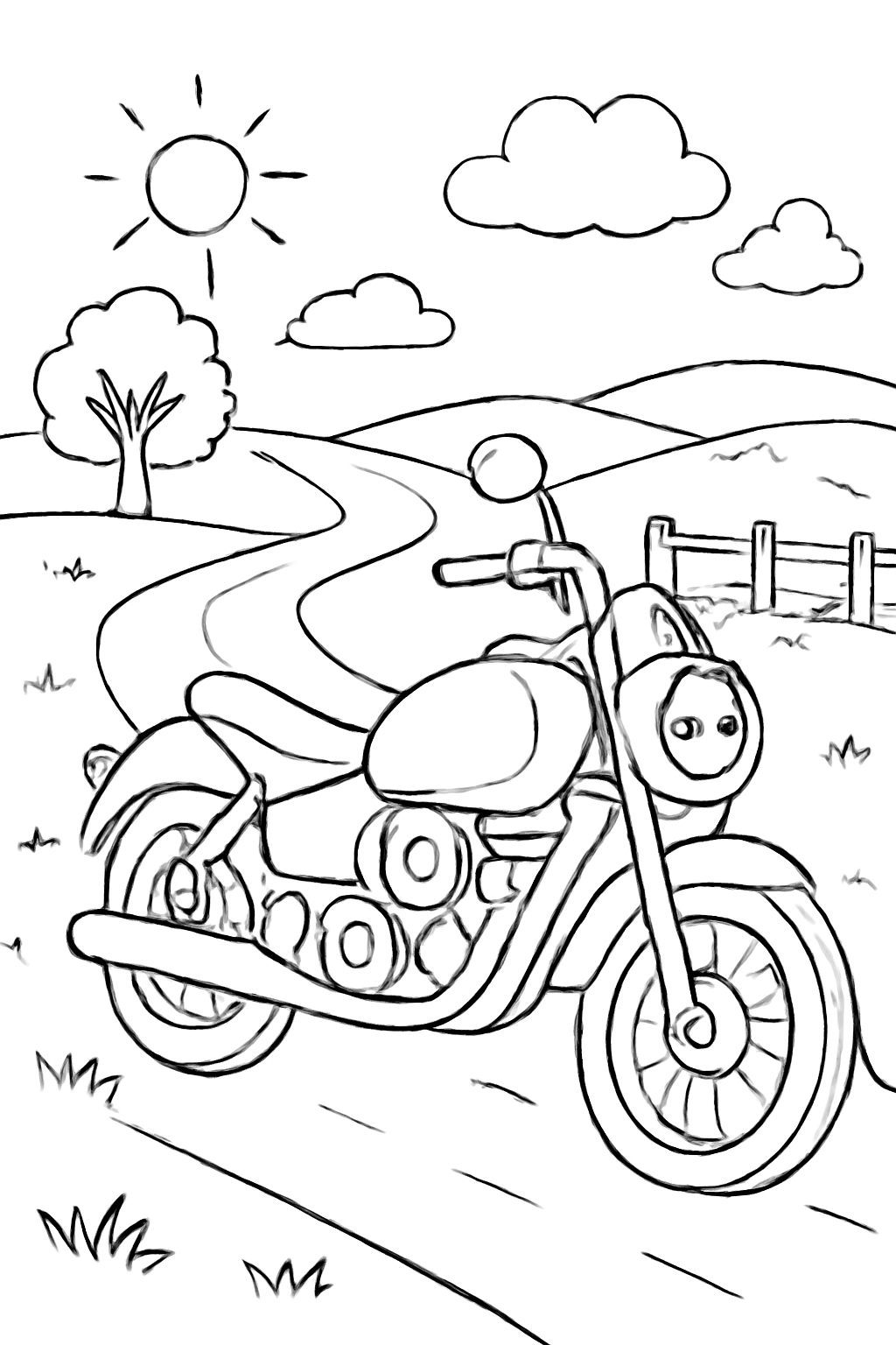Free printable motorcycle on a country road coloring page for kids