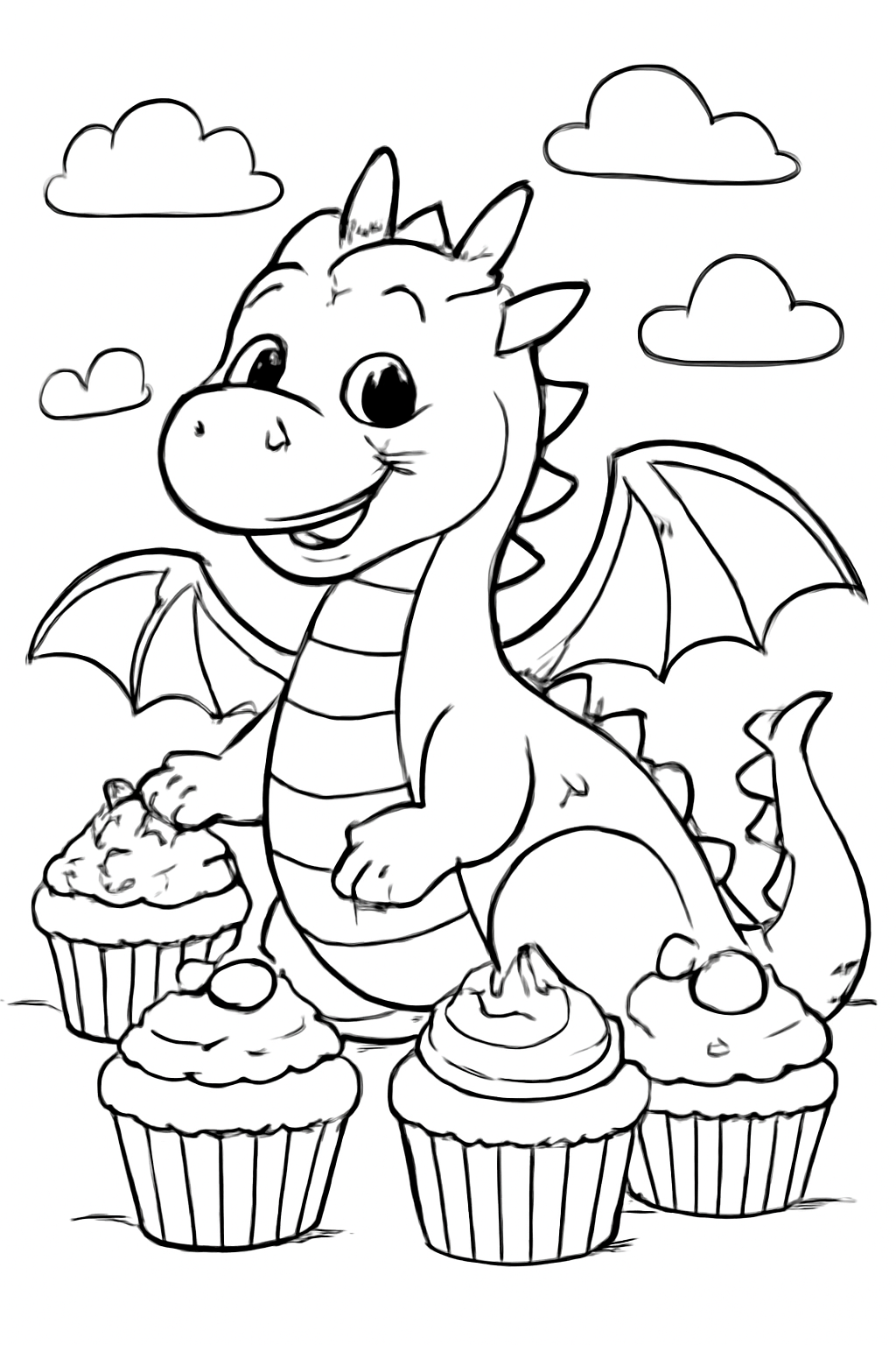 Free printable friendly dragon guarding cupcakes coloring page for kids