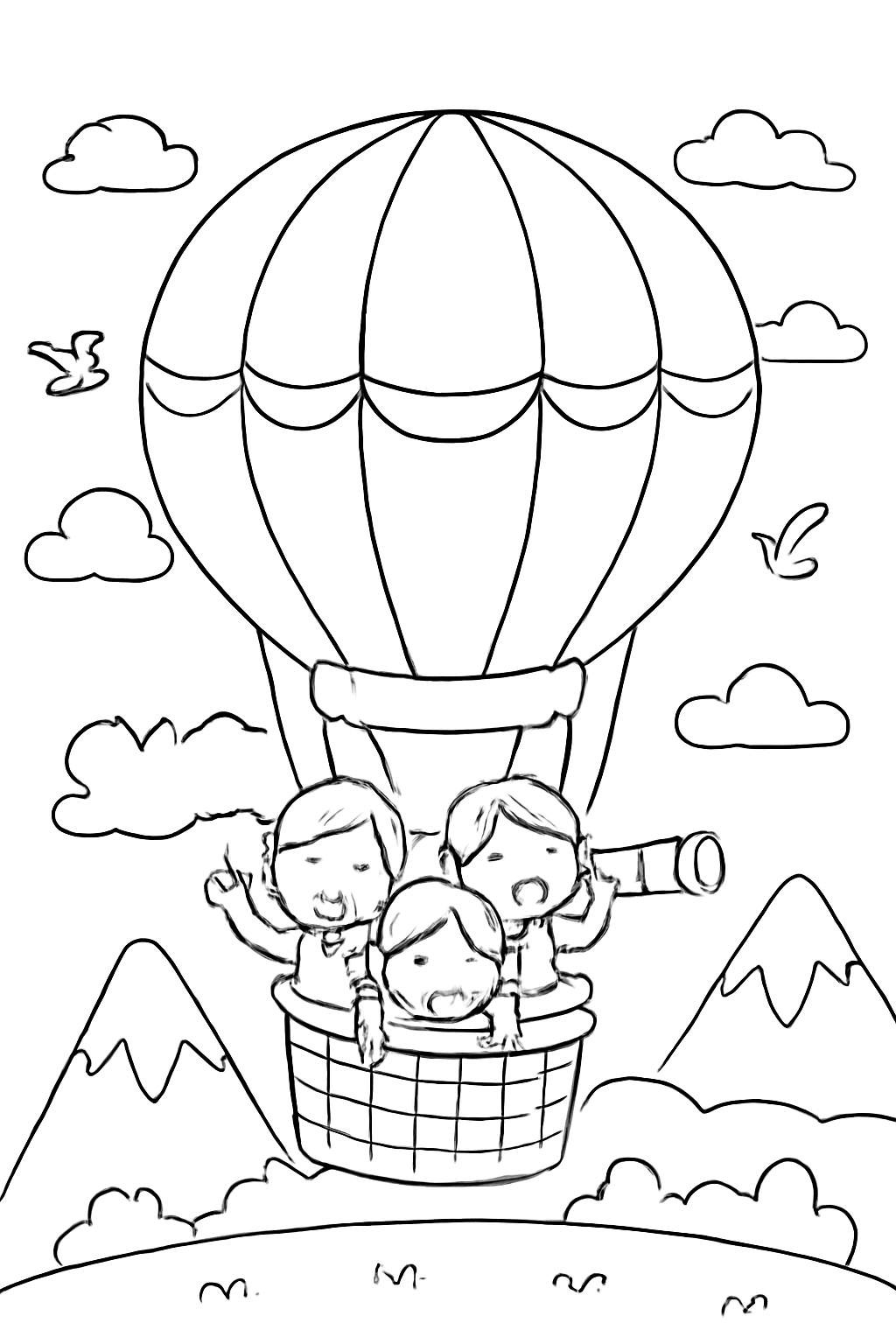 Free printable hot air balloon expedition coloring page for kids