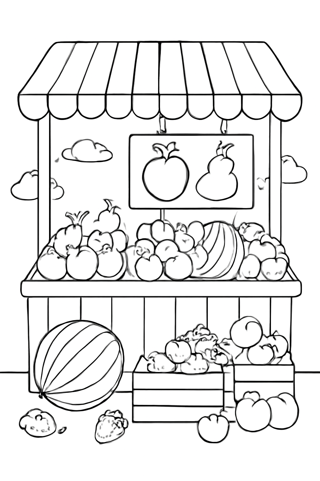 Free printable farmers market fruit stand coloring page for kids