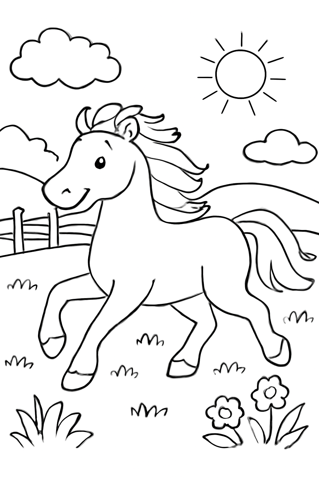 Free printable horse running through a pasture coloring page for kids