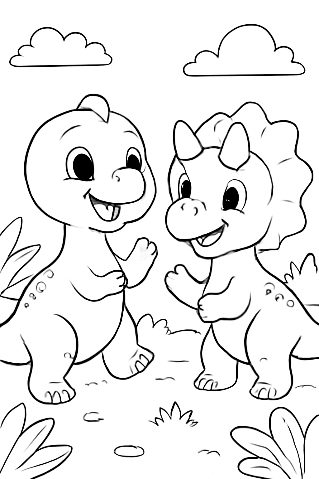 Free printable two baby dinosaurs playing coloring page for kids