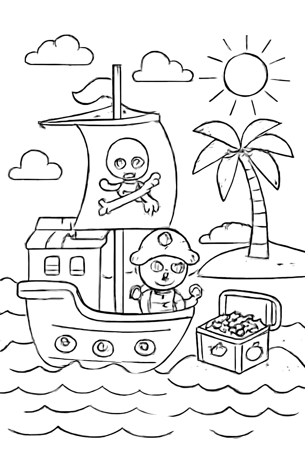 Free printable pirate ship searching for an island treasure coloring page for kids