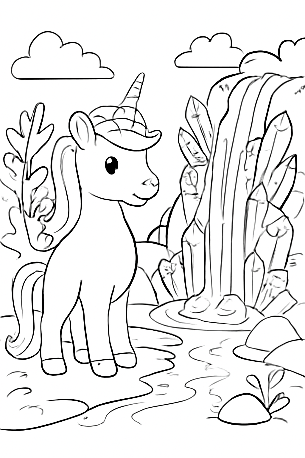 Free printable unicorn beside a crystal waterfall coloring page for kids