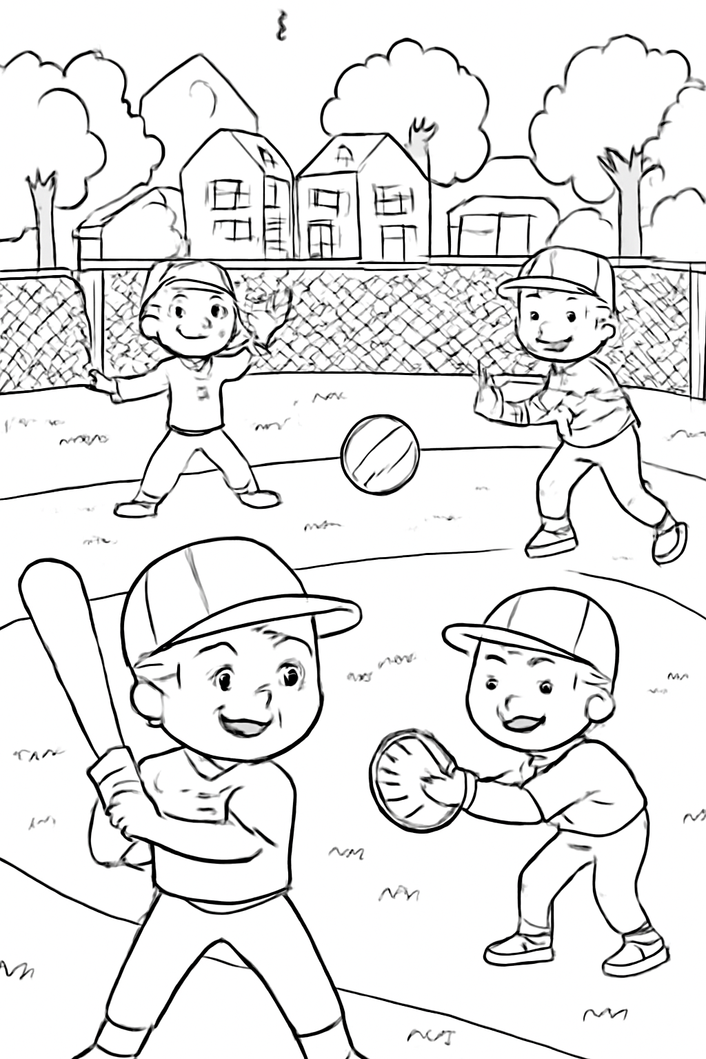 Free printable baseball game at a neighborhood field coloring page for kids