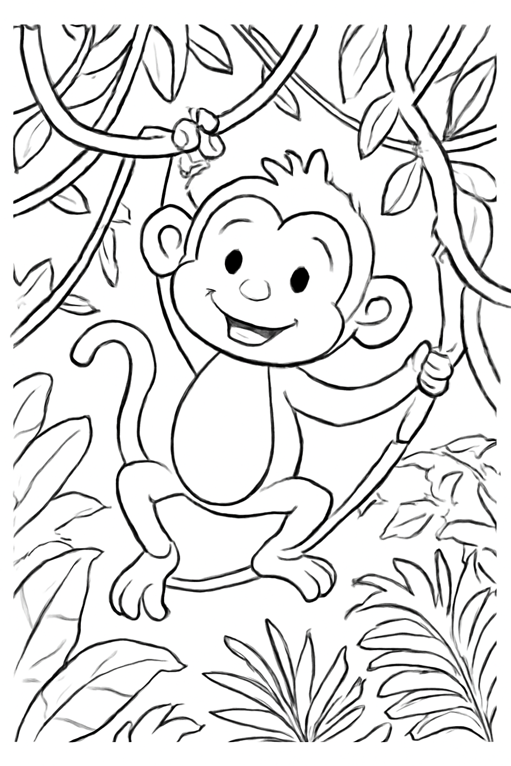 Free printable monkey swinging through jungle vines coloring page for kids