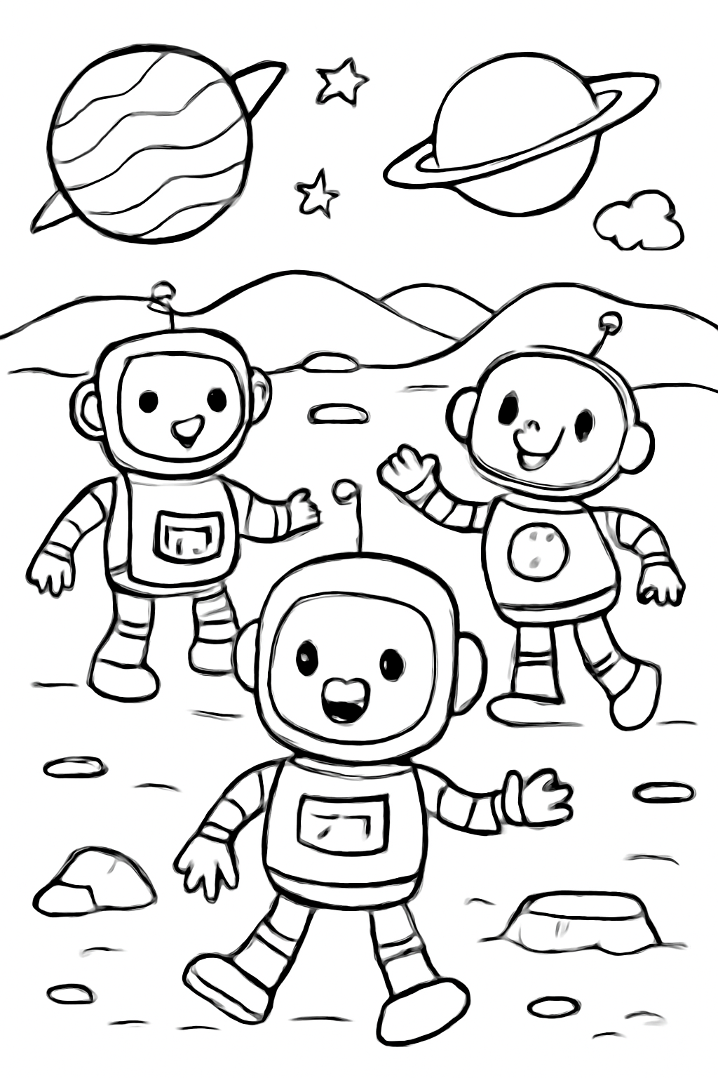Free printable friendly robots exploring Mars coloring page for kids