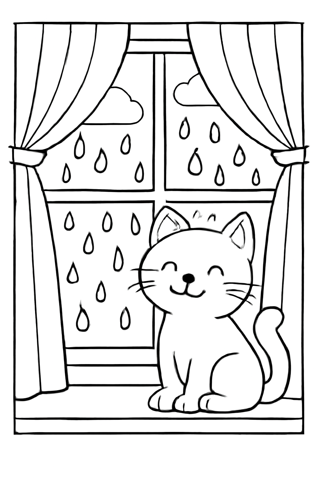 Free printable rainy day window with a cat coloring page for kids