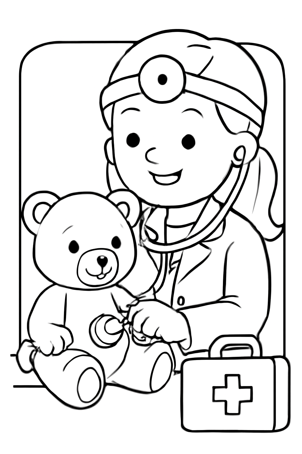 Free printable doctor caring for a teddy bear coloring page for kids
