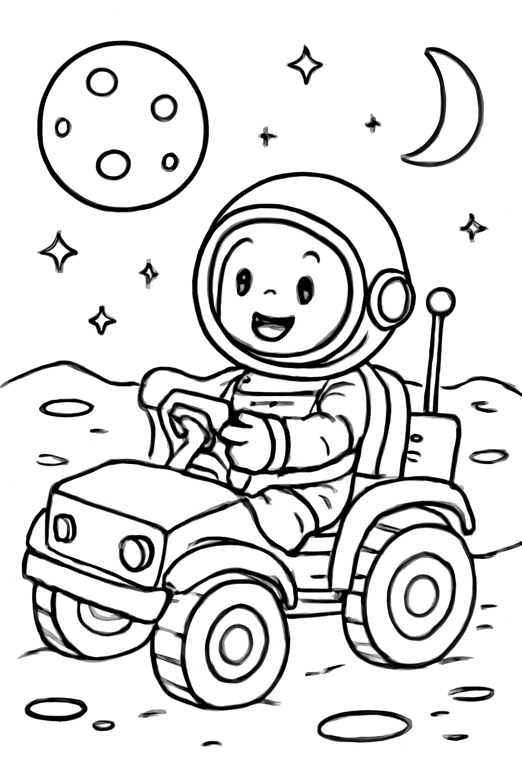 Free printable astronaut riding a moon rover coloring page for kids