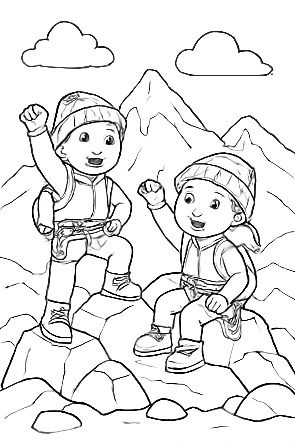 Free printable mountain climbers reaching a safe lookout coloring page for kids