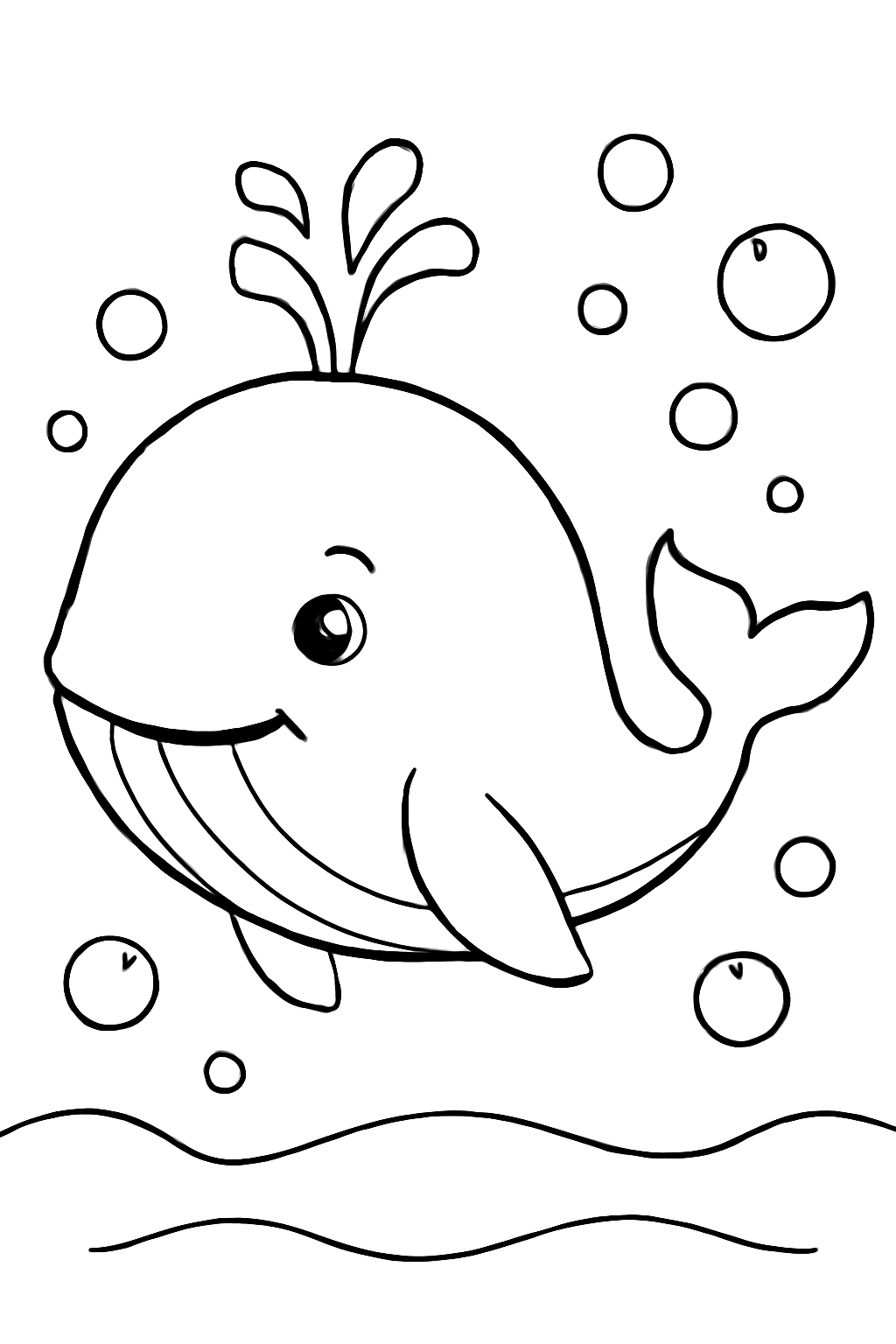 Free printable friendly whale with bubbles coloring page for kids