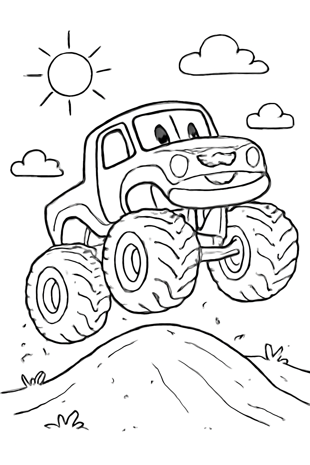 Free printable monster truck jumping over a dirt hill coloring page for kids