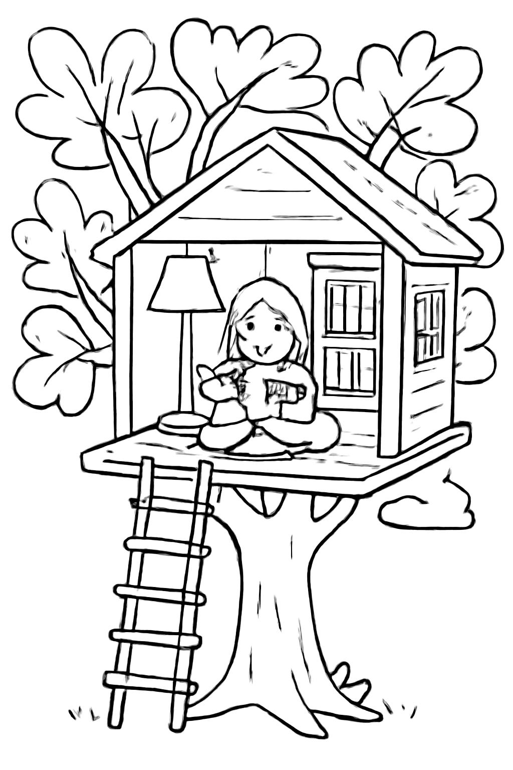 Free printable treehouse reading nook coloring page for kids