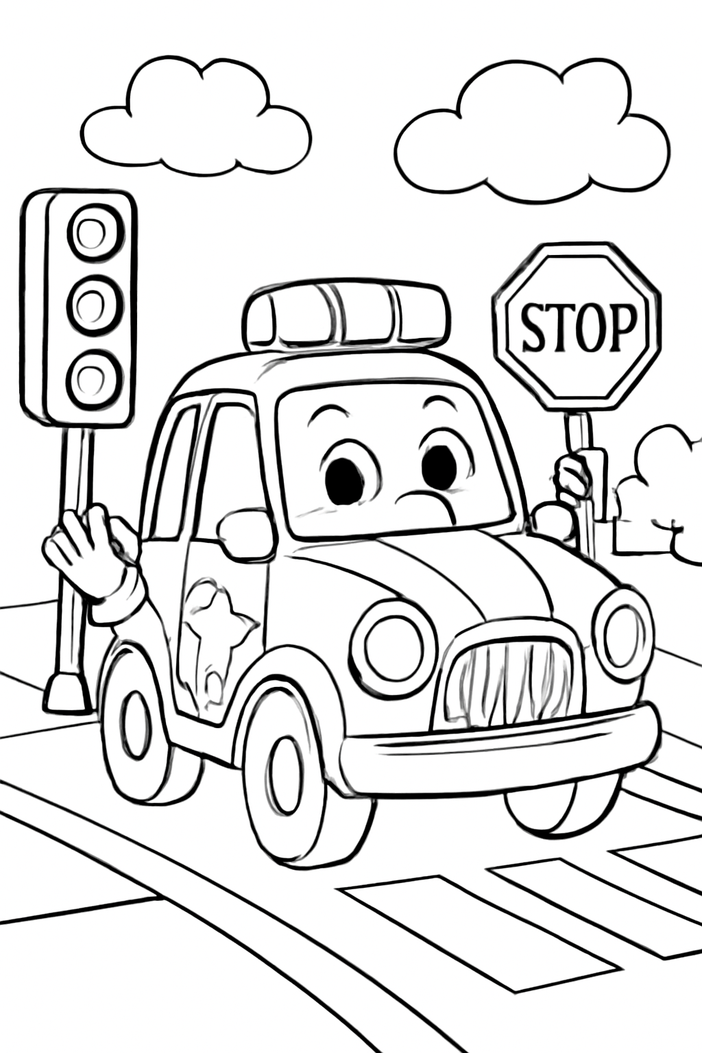 Free printable police car helping direct traffic coloring page for kids