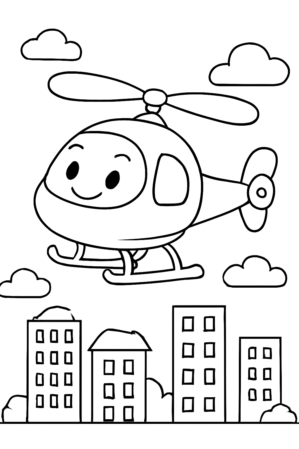 Free printable helicopter above a city coloring page for kids