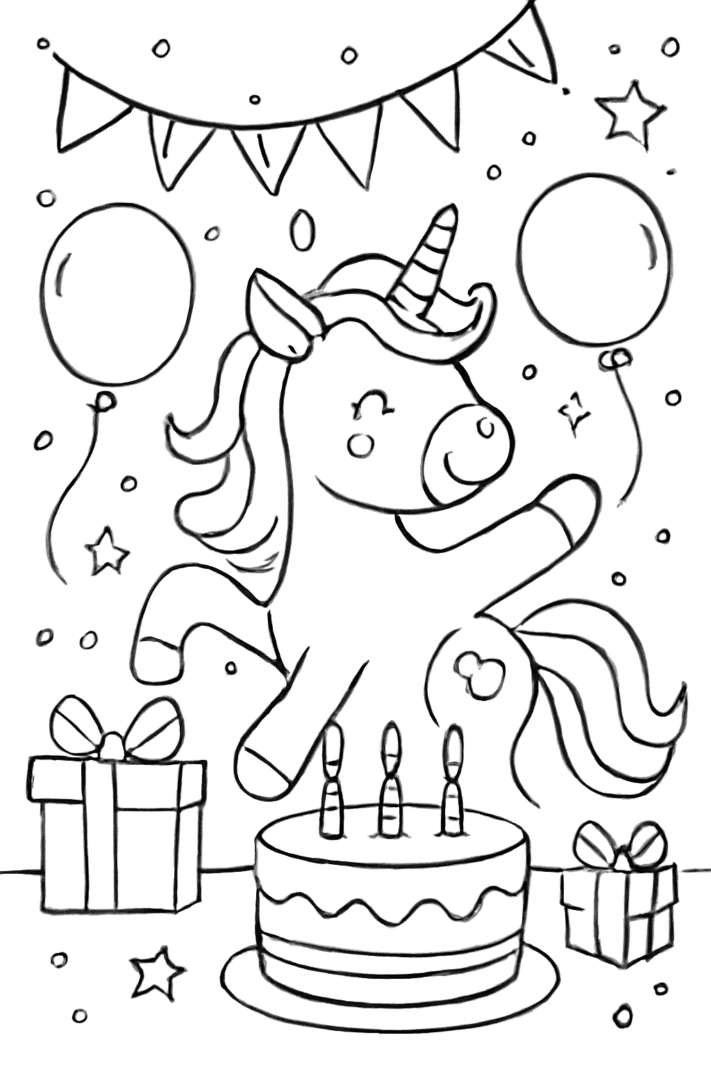 Free printable unicorn birthday celebration coloring page for kids