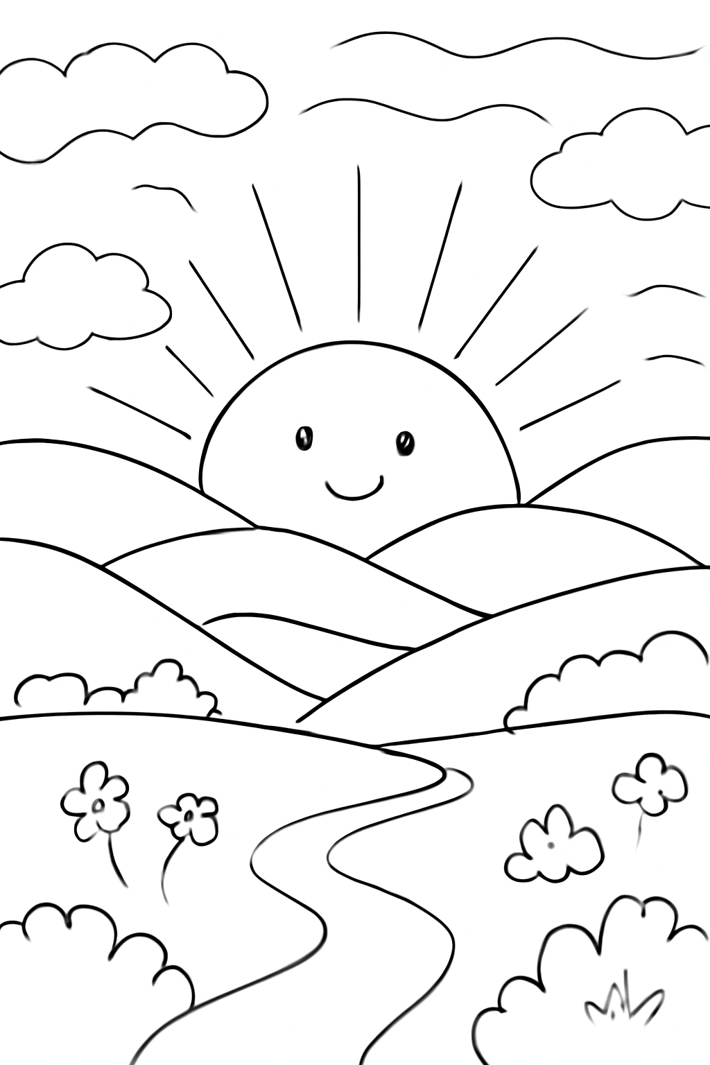 Free printable sunrise over rolling hills coloring page for kids