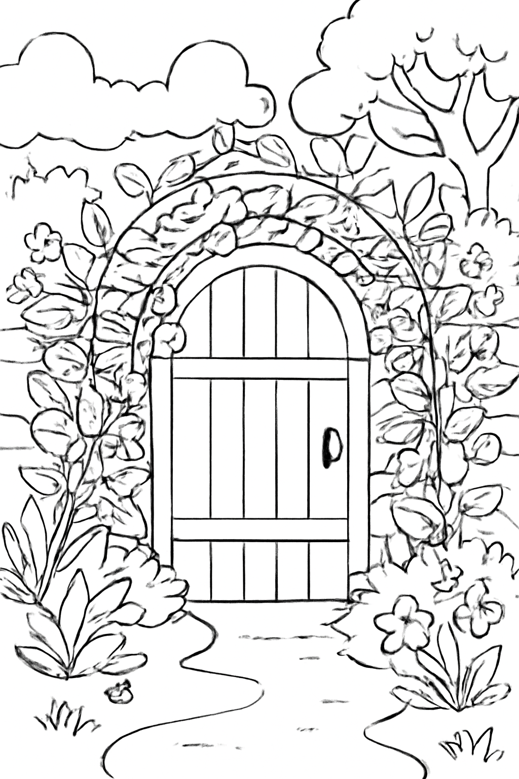 Free printable secret garden gate covered in vines coloring page for kids