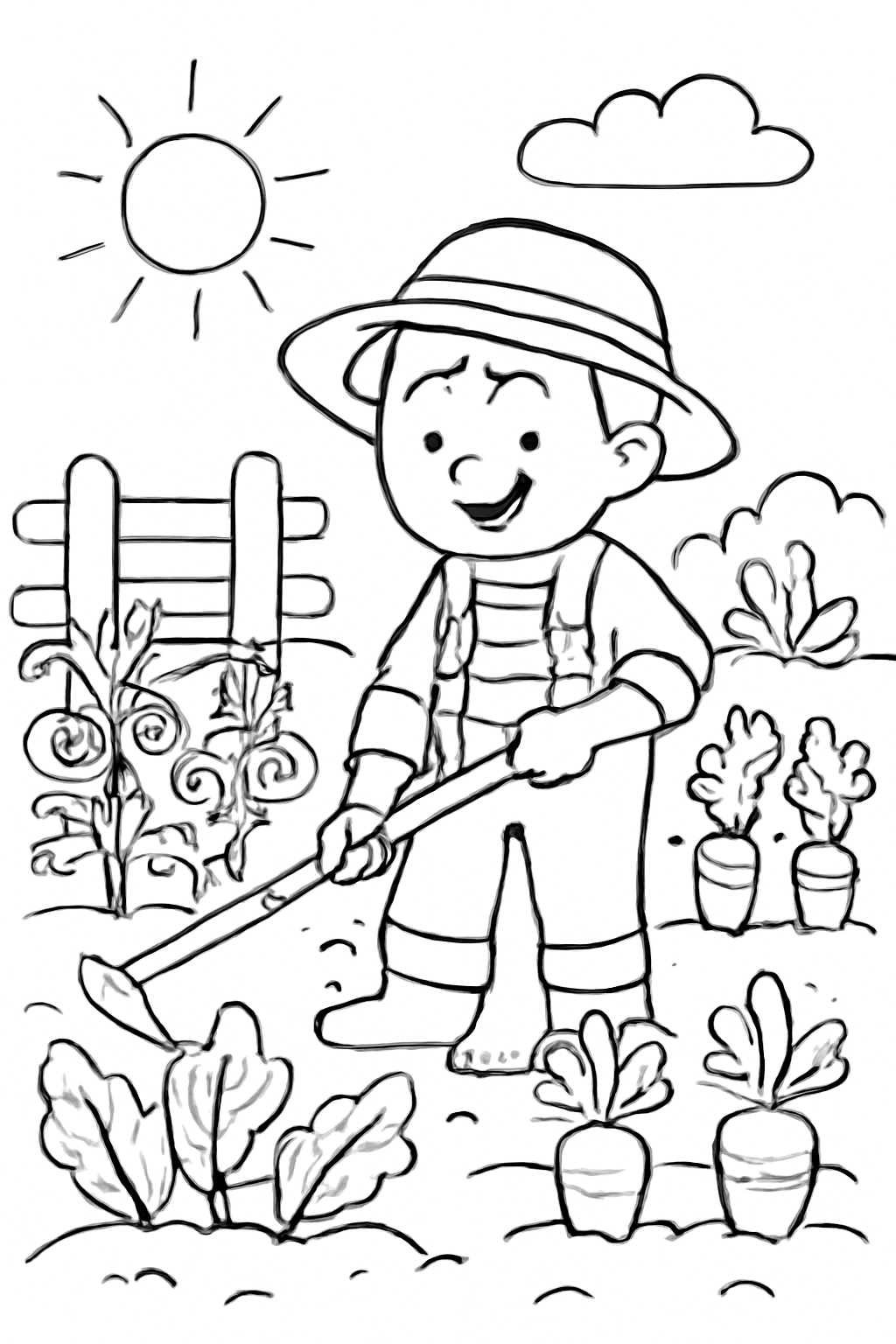 Free printable farmer tending a vegetable patch coloring page for kids