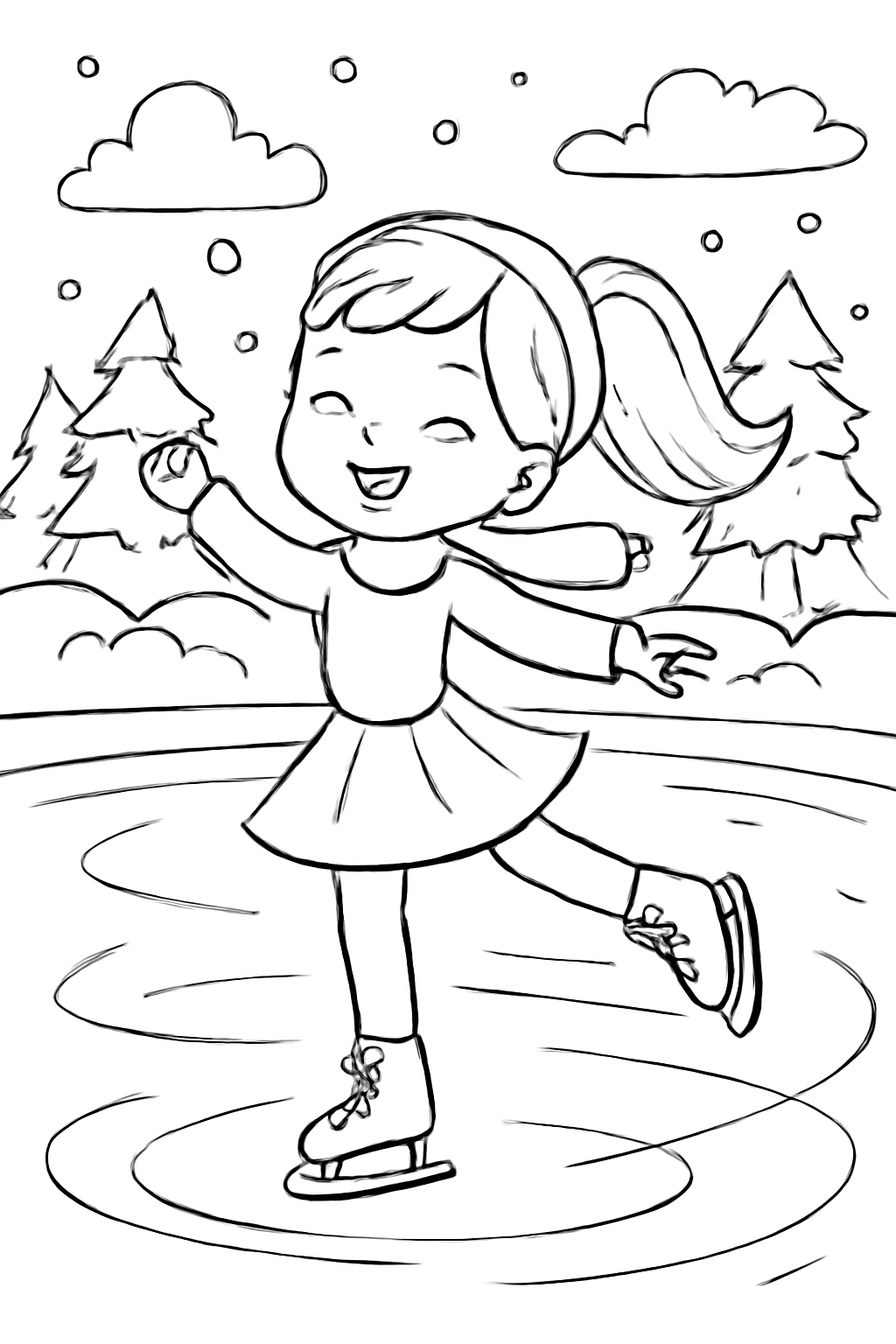 Free printable ice skater spinning on a frozen pond coloring page for kids