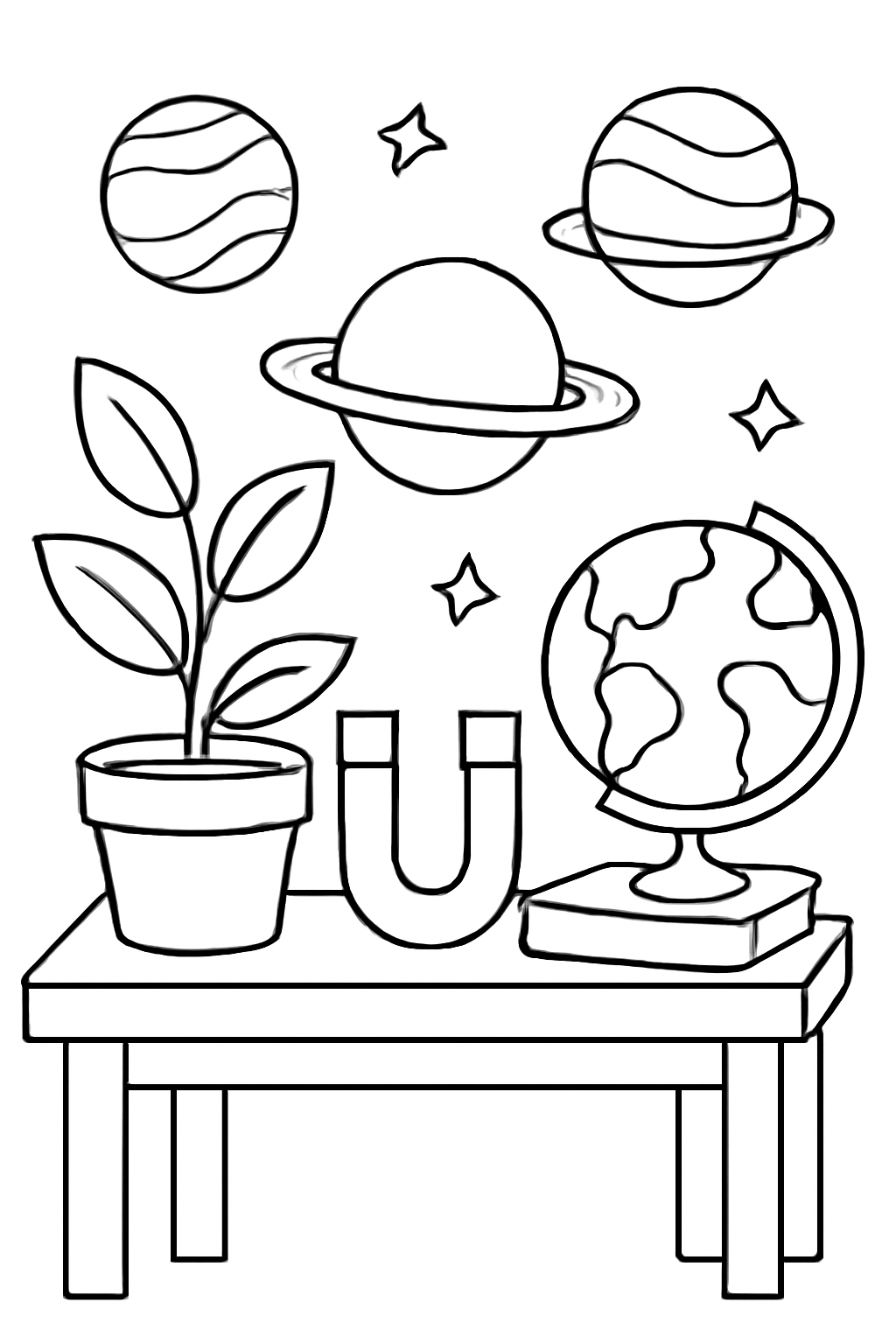 Free printable science table with magnets plants and planets coloring page for kids