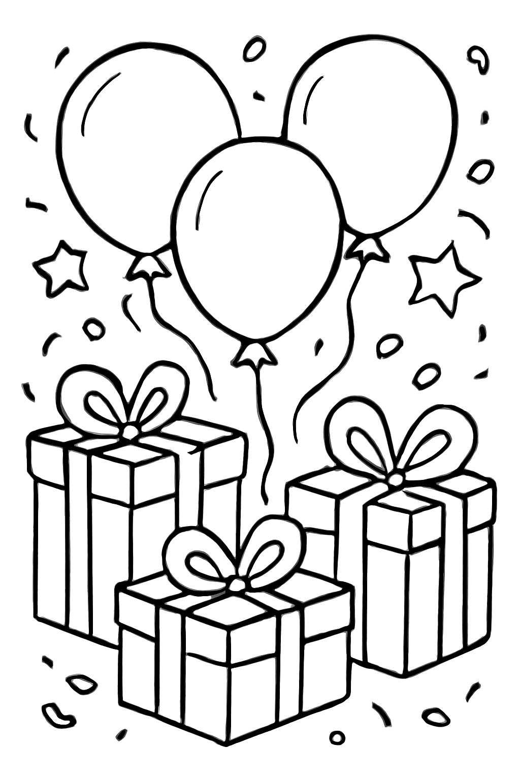 Free printable birthday balloons and presents coloring page for kids