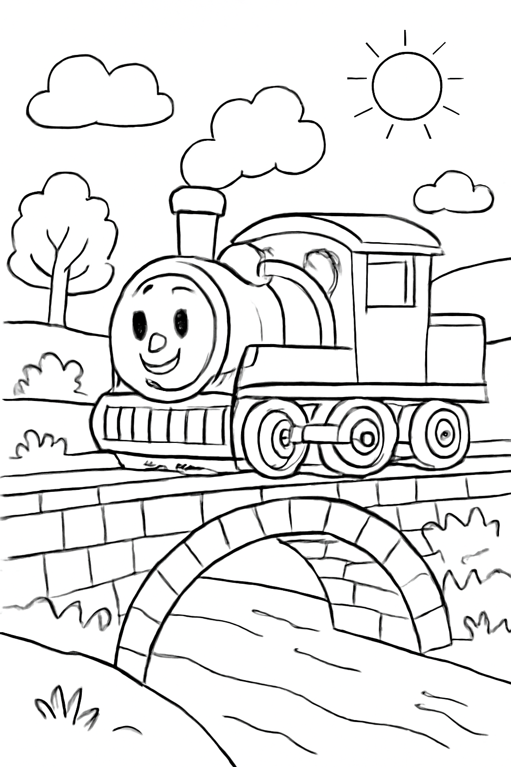 Free printable steam train crossing a bridge coloring page for kids