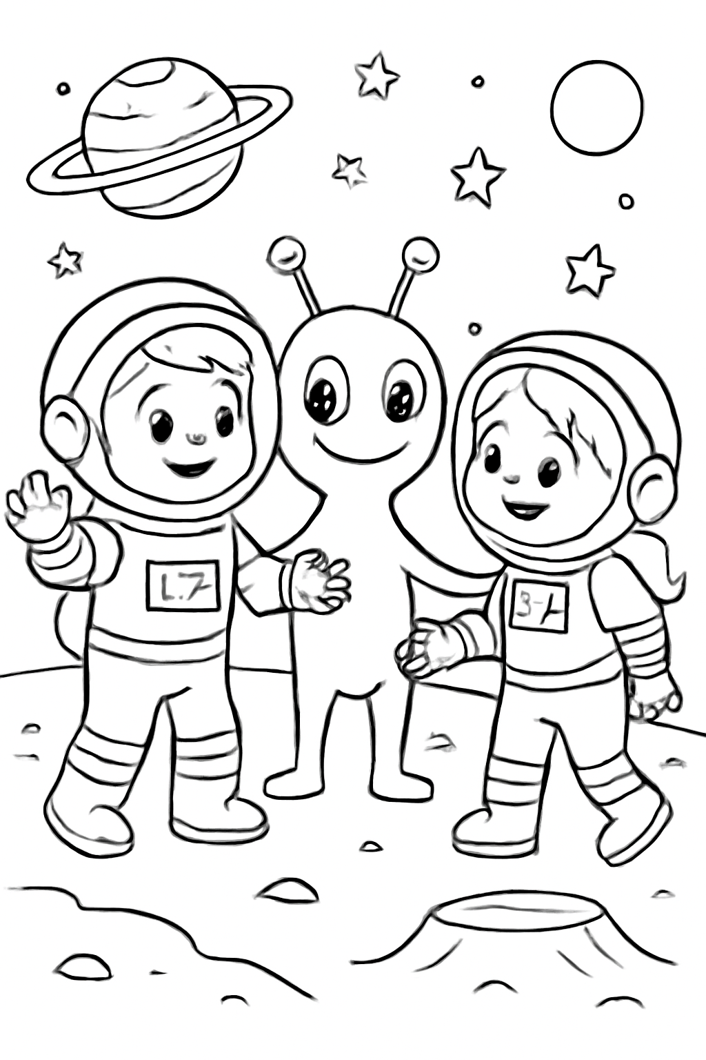 Free printable space explorers meeting a friendly alien coloring page for kids