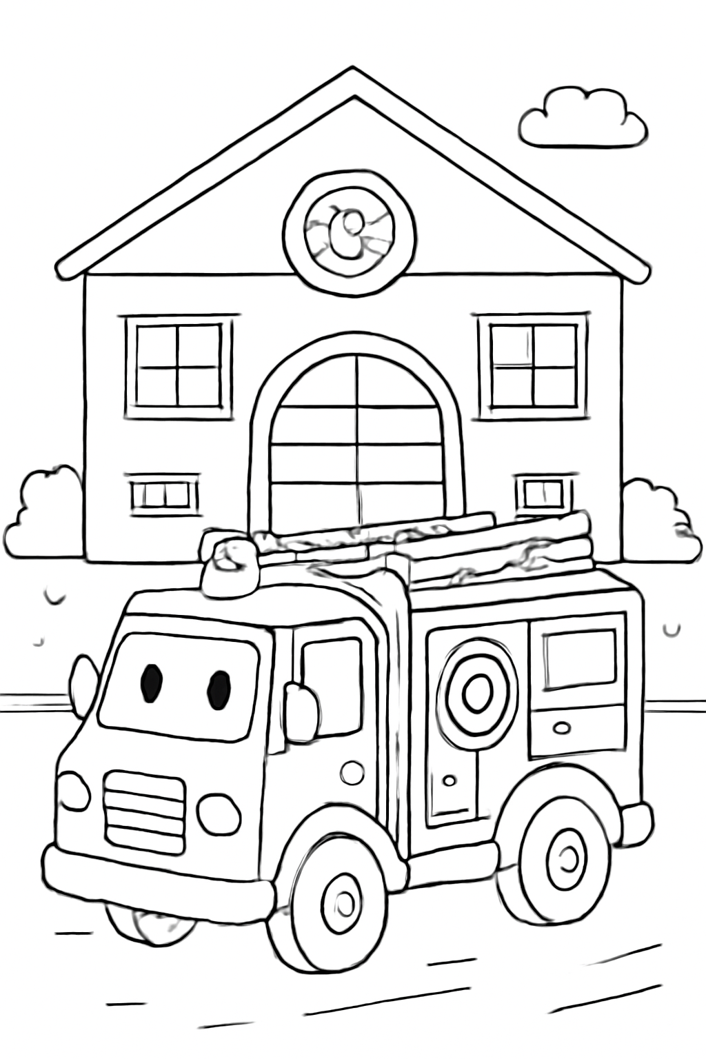 Free printable fire truck outside a fire station coloring page for kids