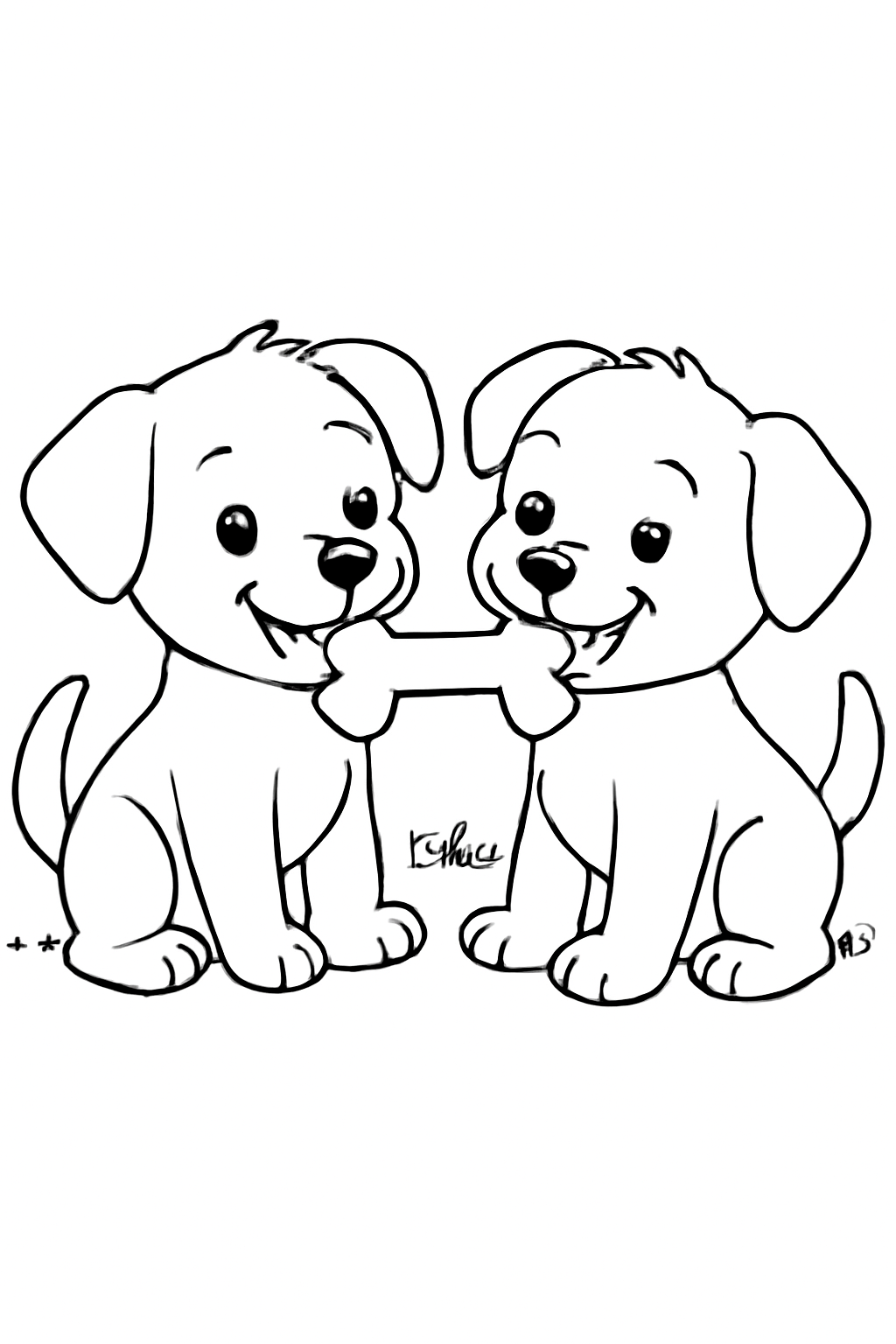 Free printable two friendly puppies sharing a toy coloring page for kids