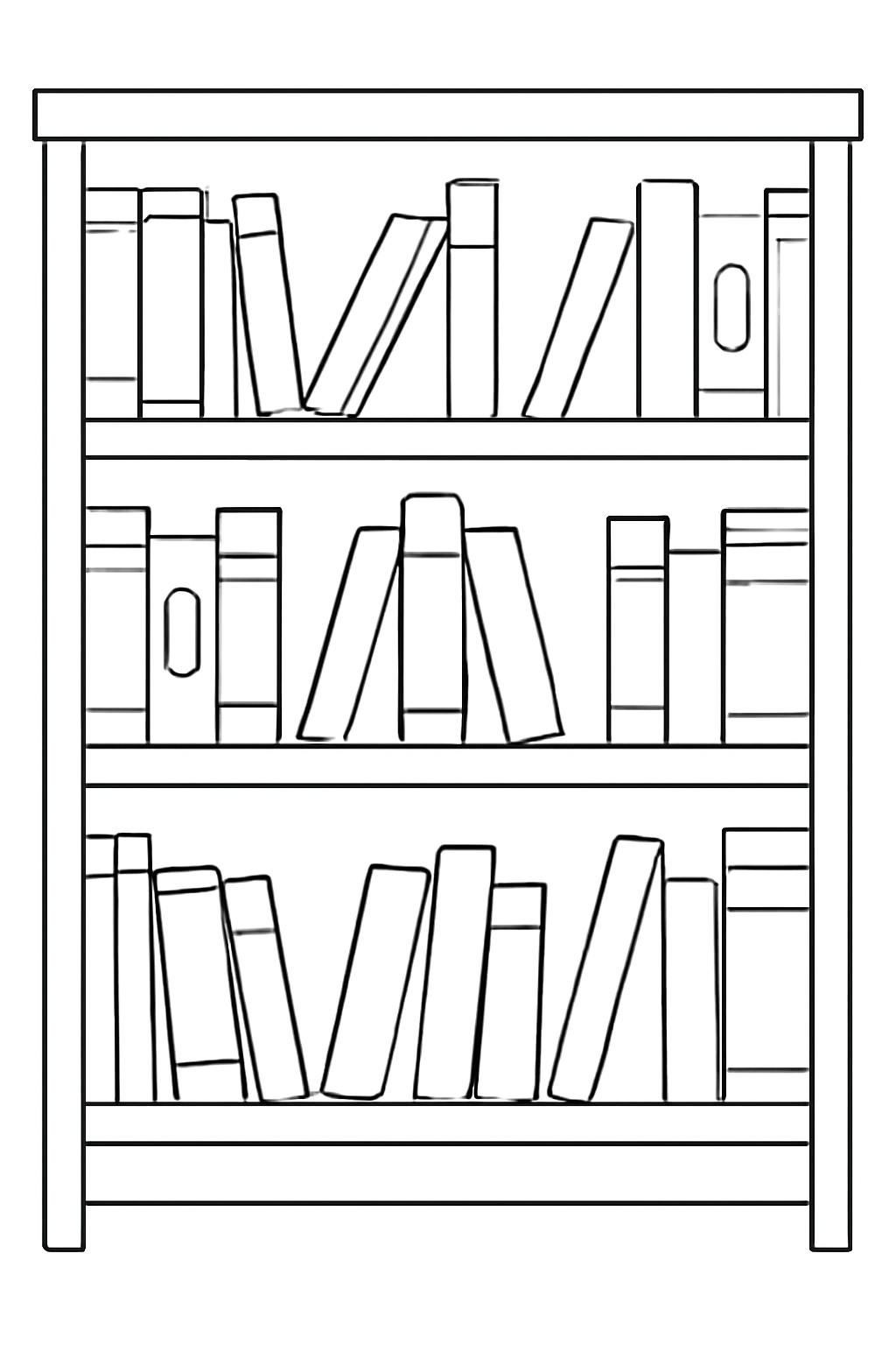 Free printable library bookshelf full of books coloring page for kids