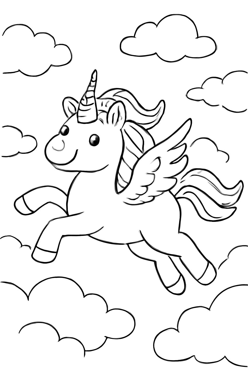 Free printable winged unicorn flying through clouds coloring page for kids