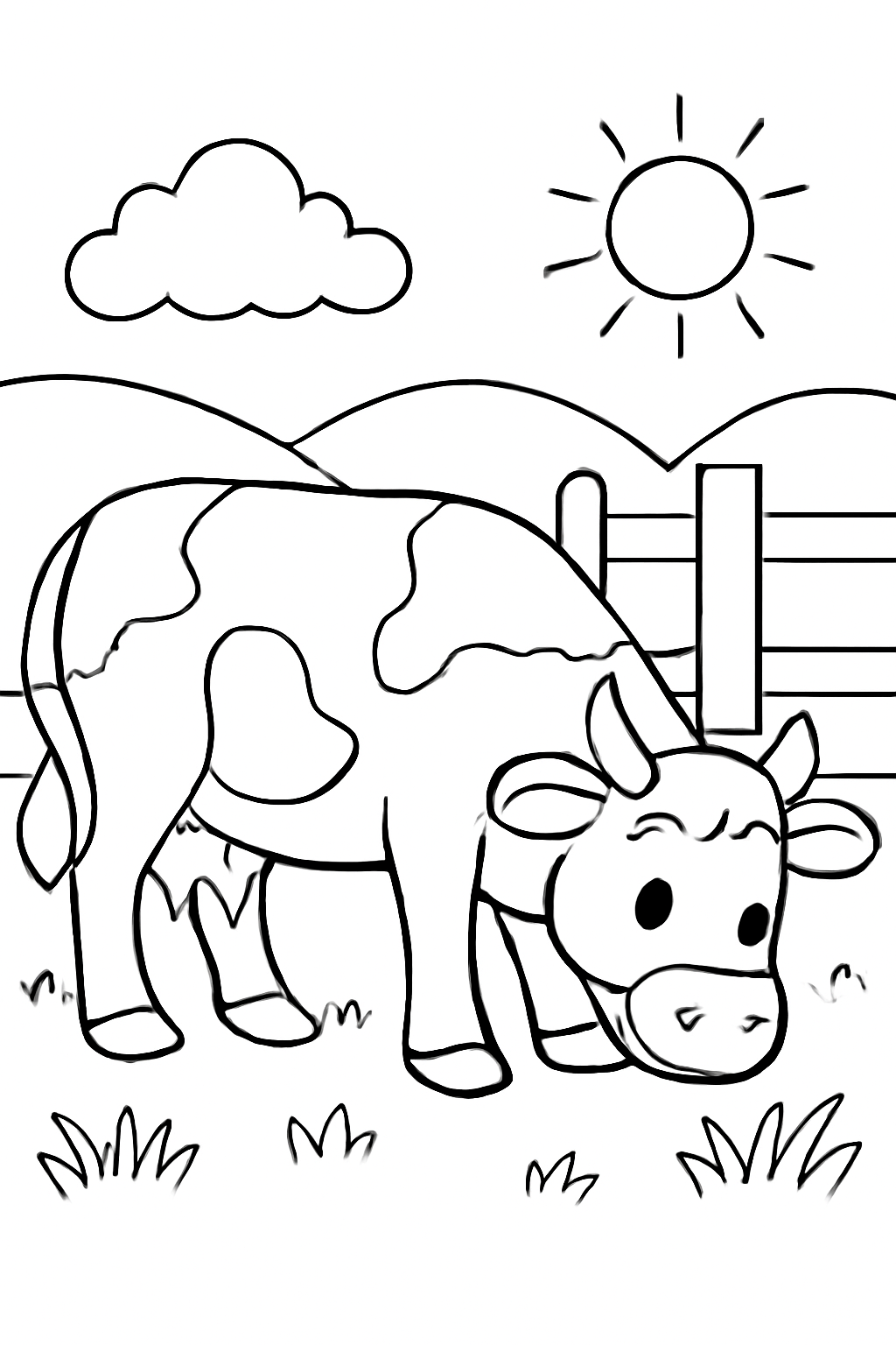 Free printable cow grazing beside a fence coloring page for kids