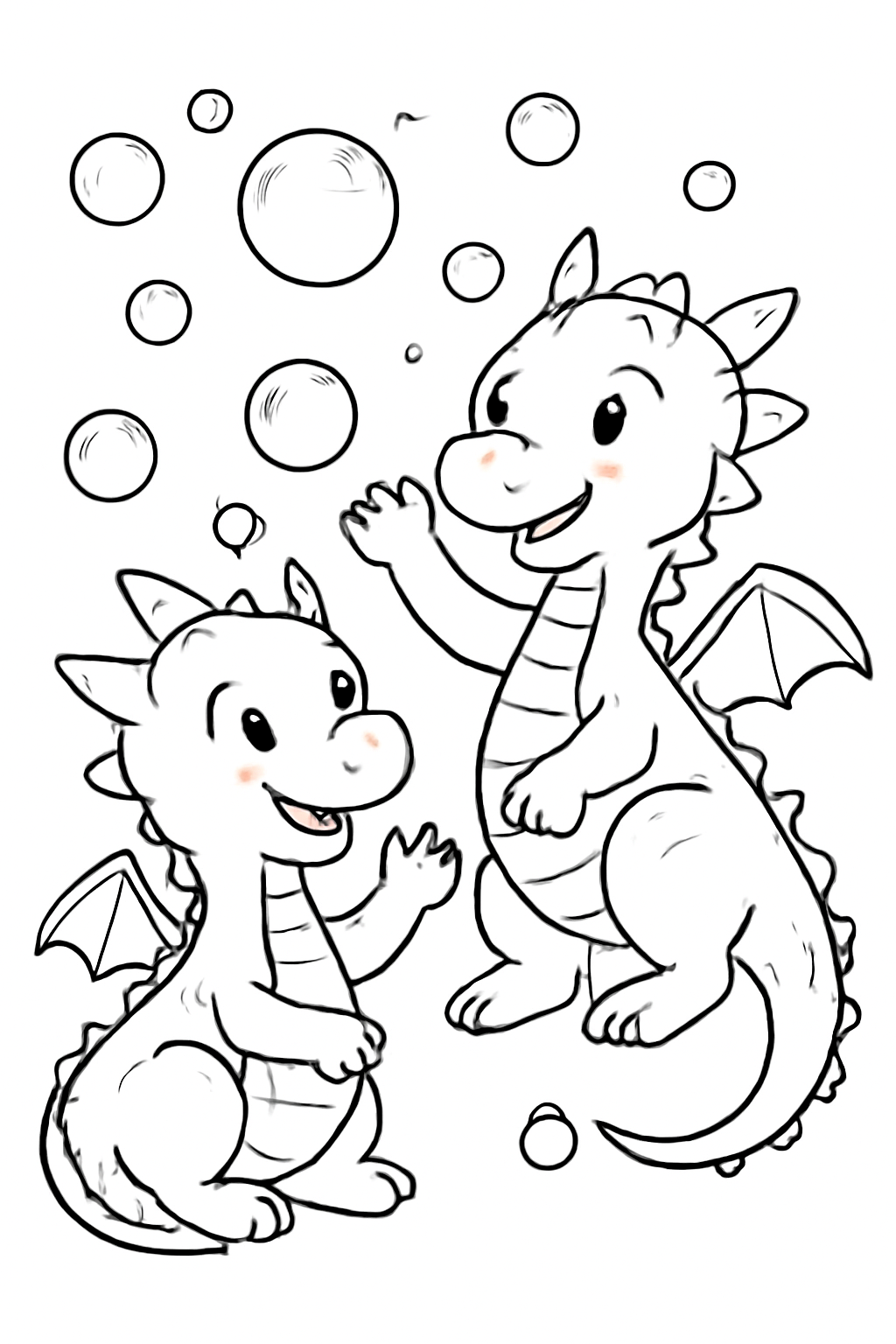 Free printable two friendly dragons playing with bubbles coloring page for kids