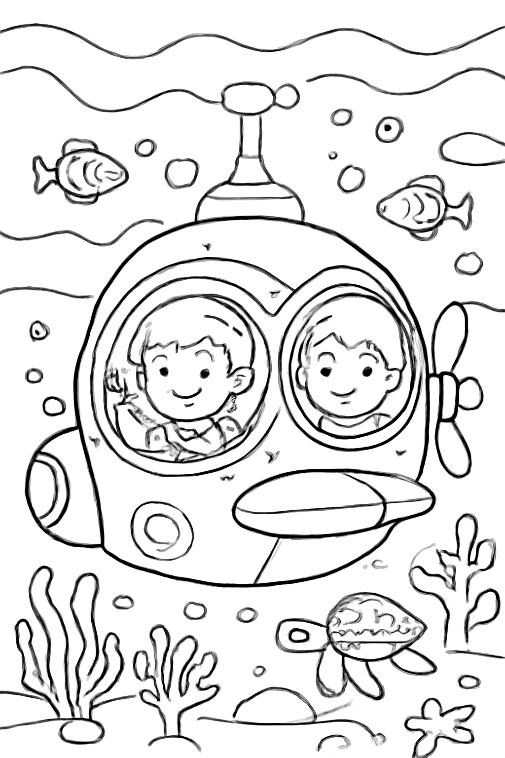 Free printable underwater explorers in a small submarine coloring page for kids
