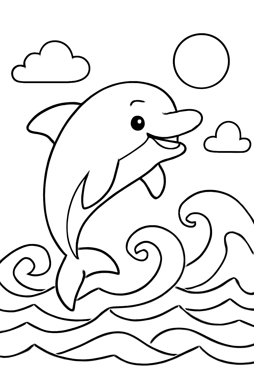 Free printable smiling dolphin jumping over waves coloring page for kids