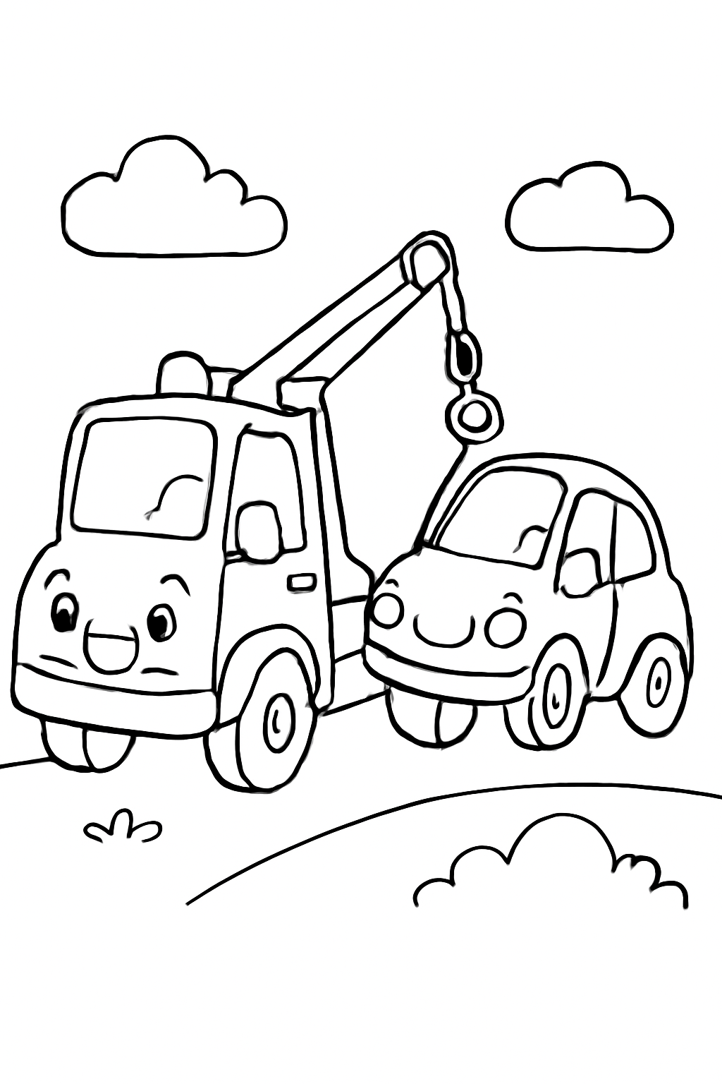Free printable tow truck helping a small car coloring page for kids