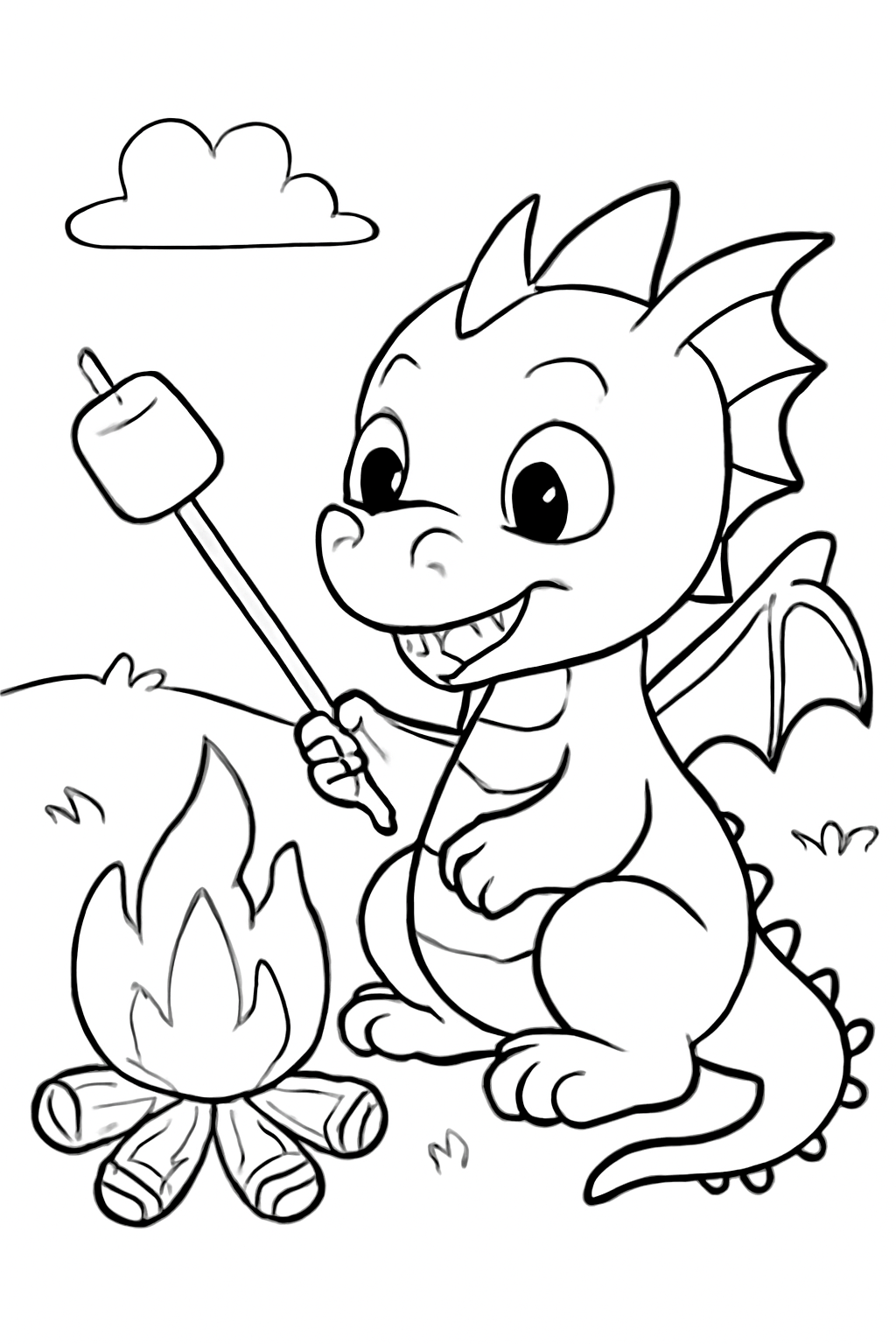 Free printable baby dragon roasting a marshmallow coloring page for kids