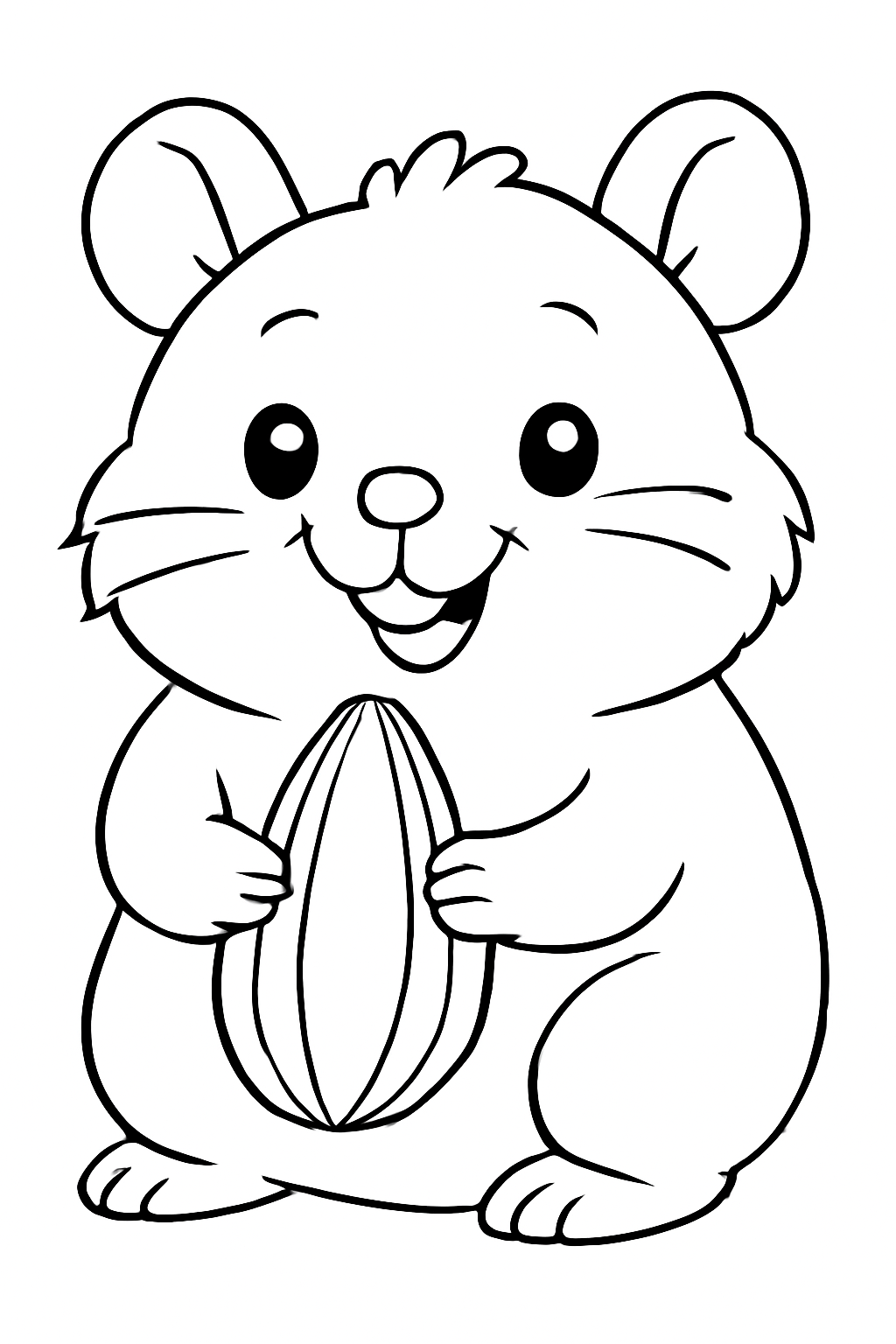Free printable happy hamster with a sunflower seed coloring page for kids
