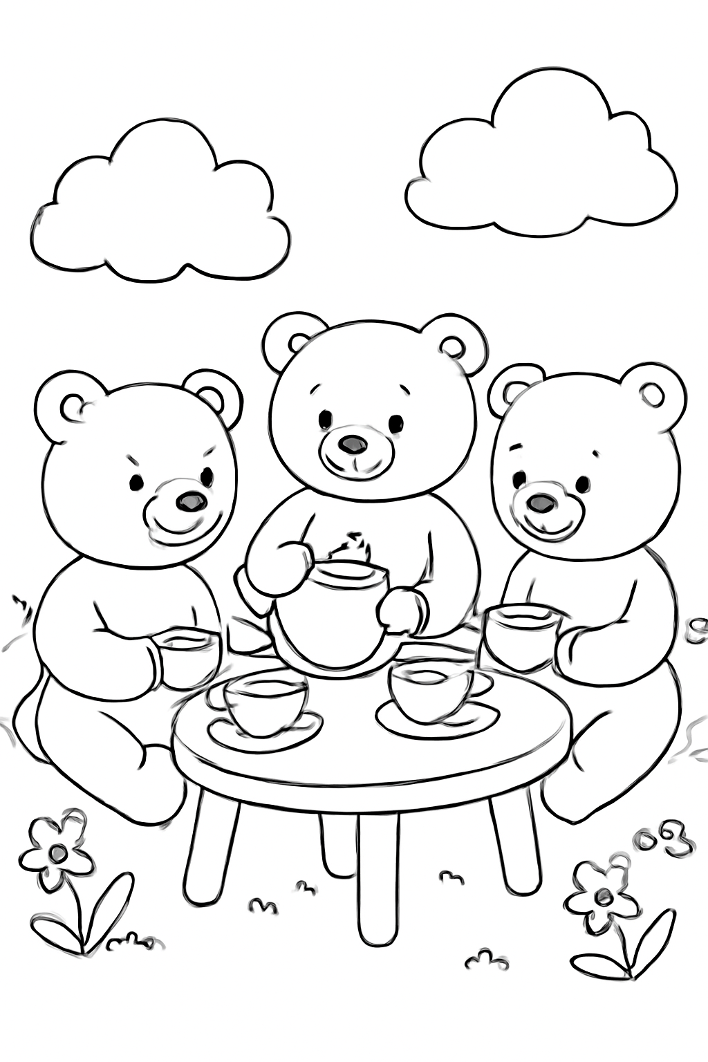 Free printable toy tea party with teddy bears coloring page for kids