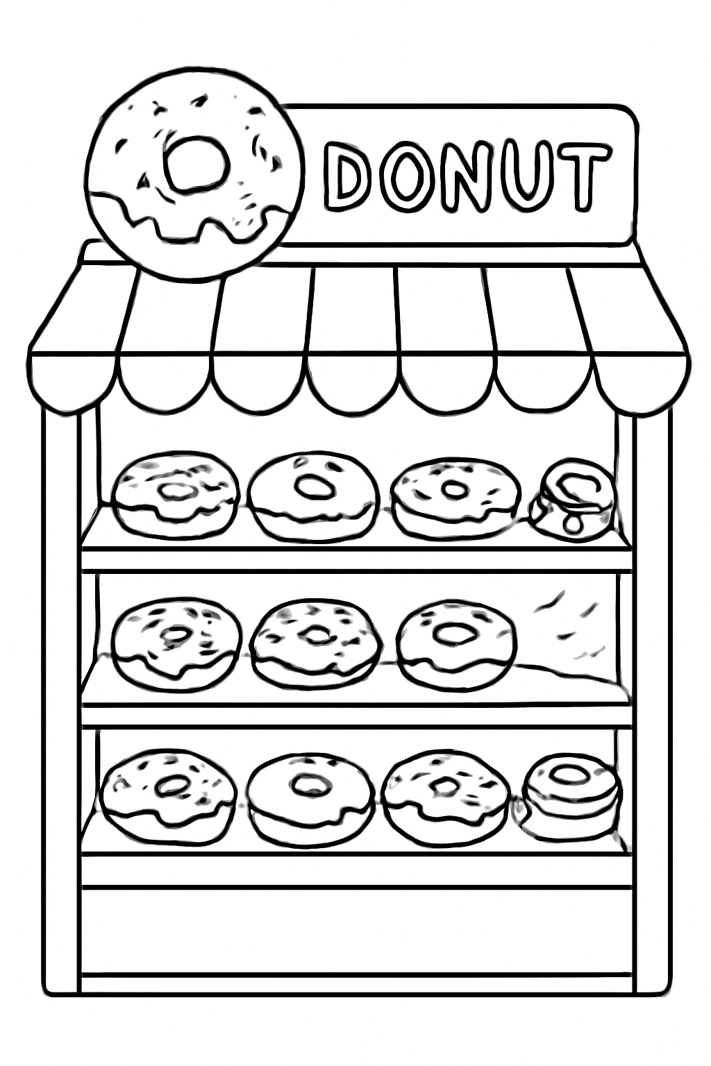Free printable donut shop display coloring page for kids