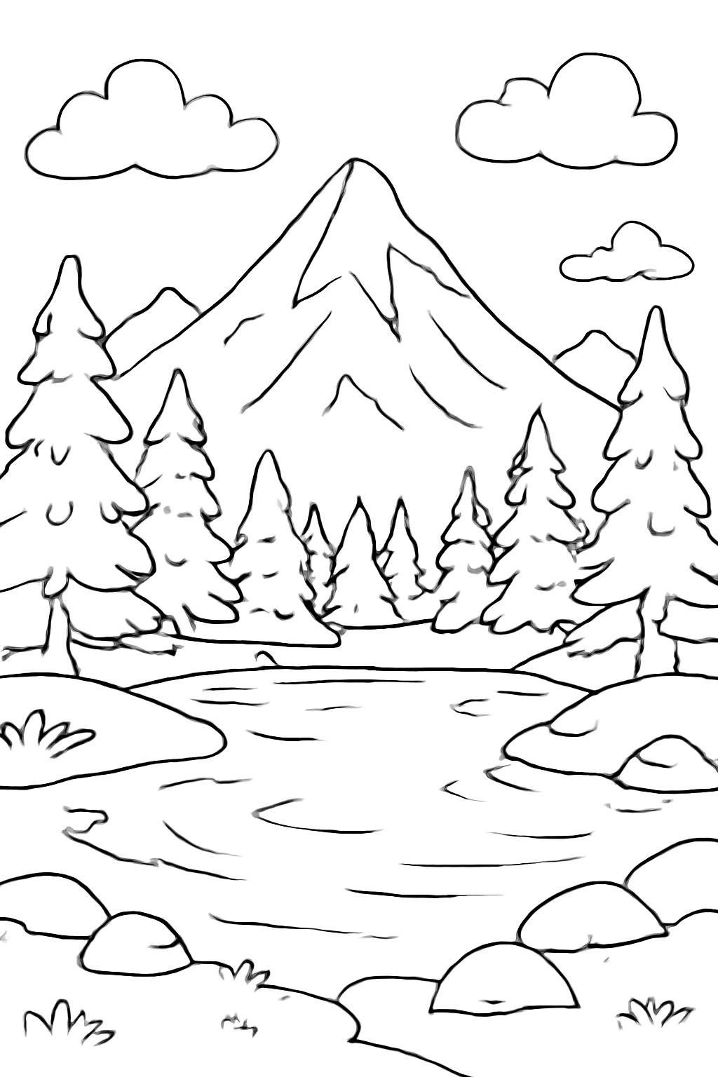 Free printable mountain lake with pine trees coloring page for kids
