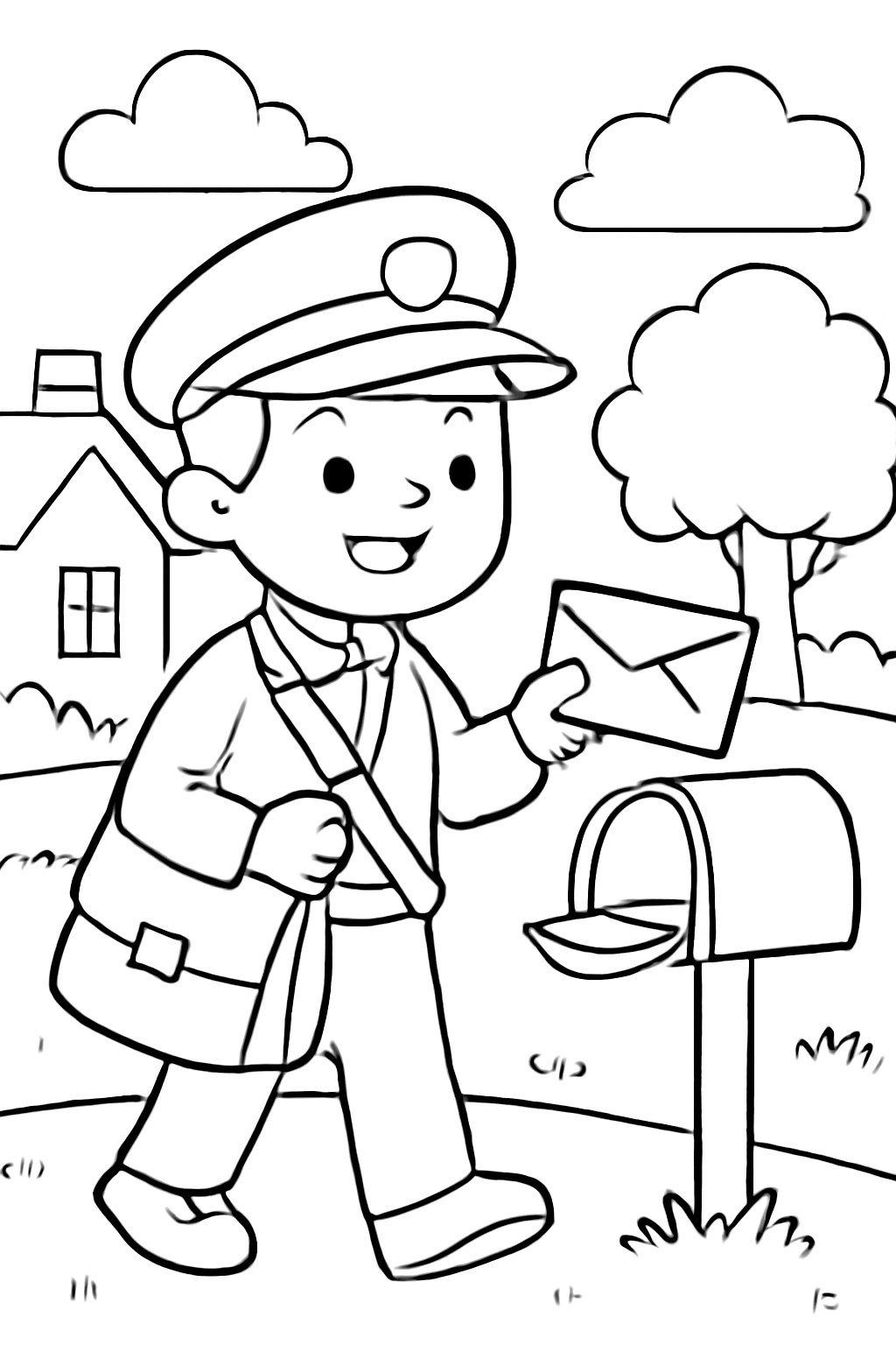 Free printable mail carrier delivering letters coloring page for kids