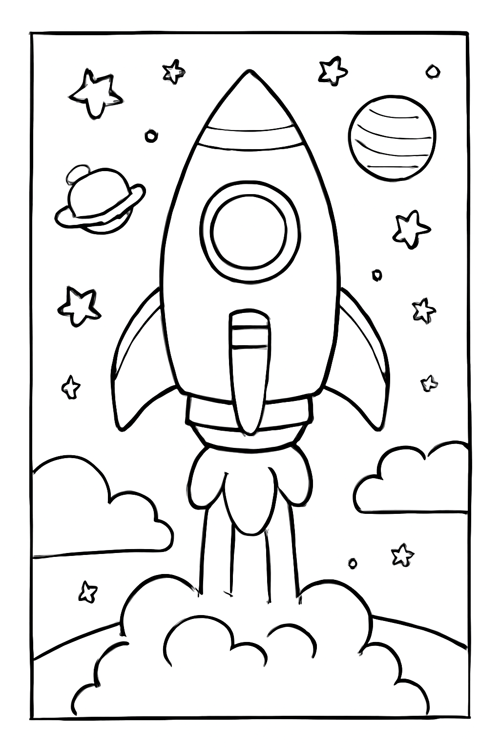 Free printable rocket launching into space coloring page for kids