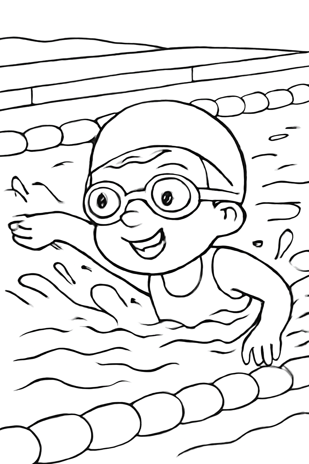 Free printable swimmer racing through a pool coloring page for kids