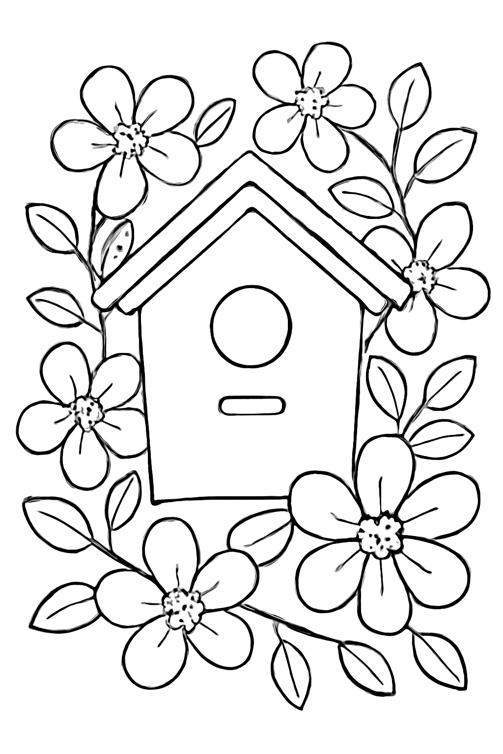 Free printable birdhouse surrounded by blossoms coloring page for kids